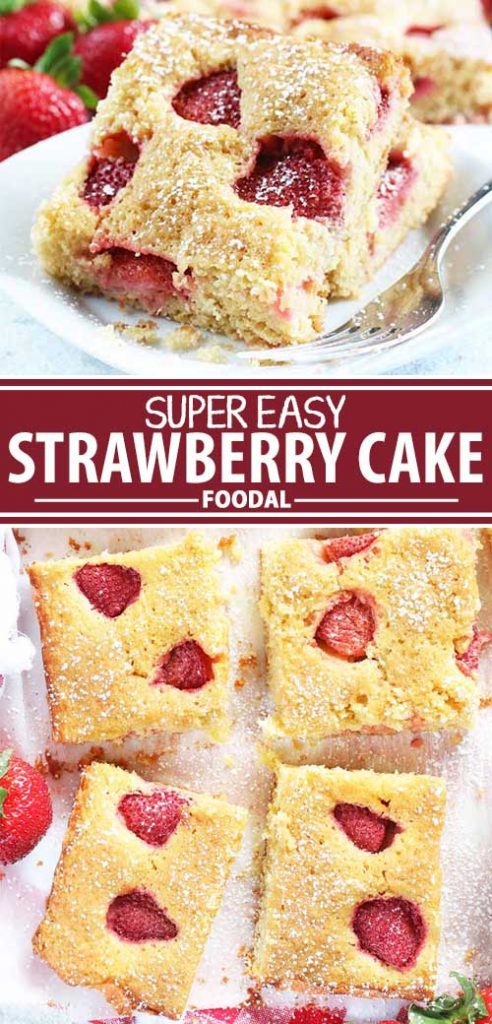 A collage of photos showing different views of a super easy strawberry cake recipe.