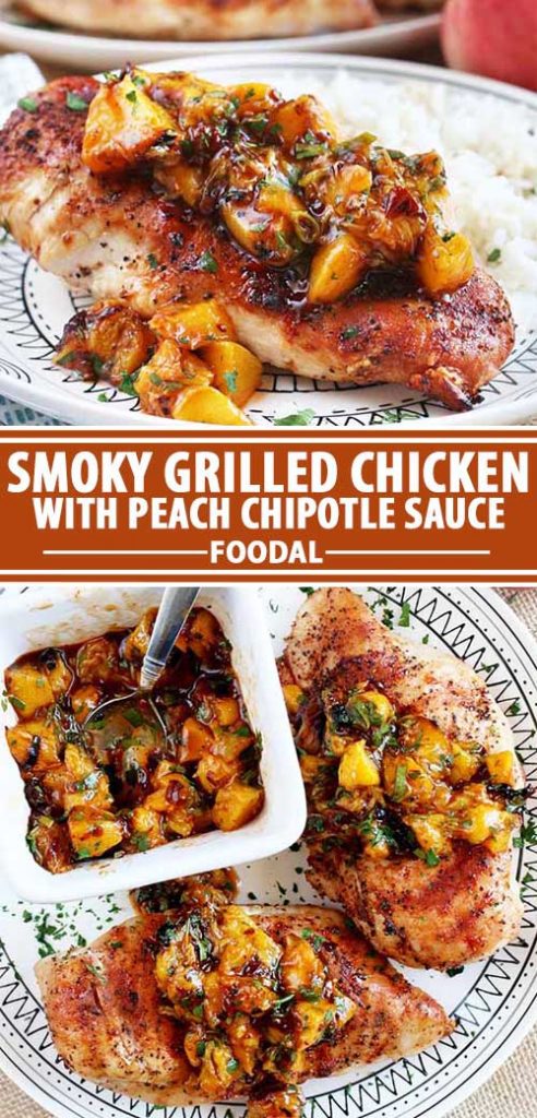 A collage of photos showing a sweet and smoky grilled chicken with a peach chipotle sauce recipe.