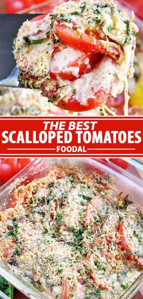 A collage of photos showing different views of a scalloped tomato recipe.