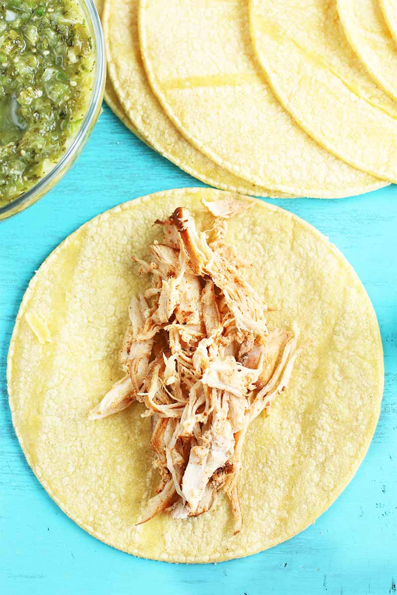 Vertical top-down image of spiced shredded chicken on a corn tortilla, with more tortillas and a dish of green salsa on a bright blue background.