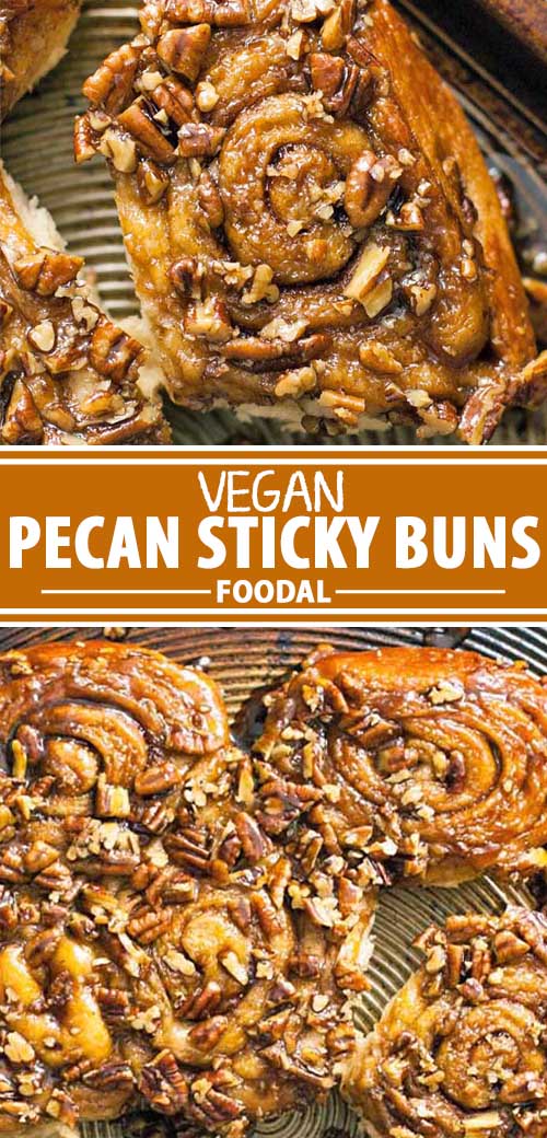 A collage of photos showing different views of a vegan pecan sticky bun recipe.