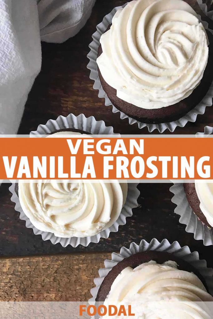 Vertical photo with vegan vanilla frosting spread on top.