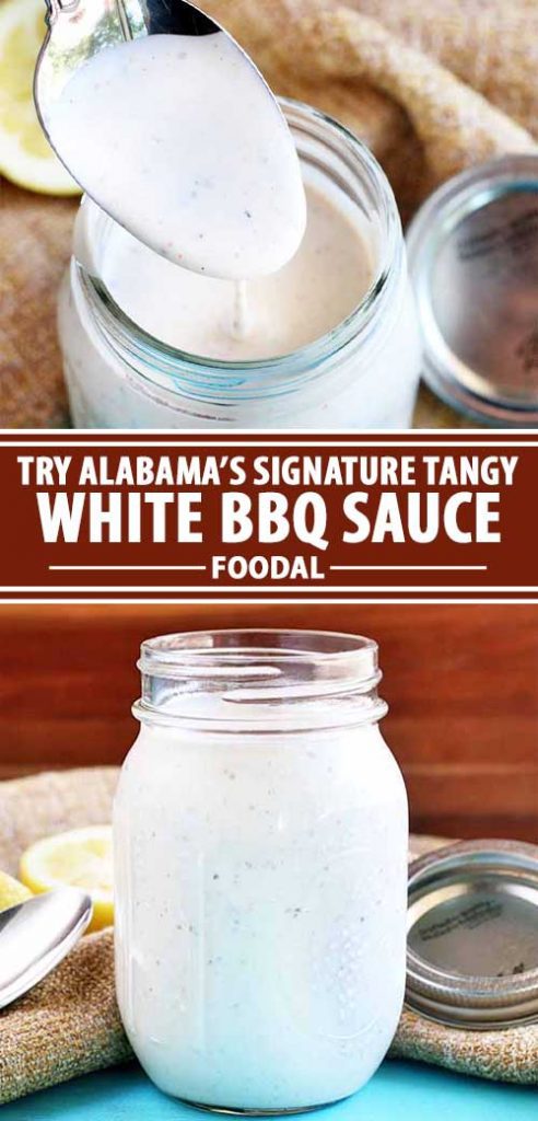 A collage of photos showing different views of a white barbecue sauce recipe from Alabama.