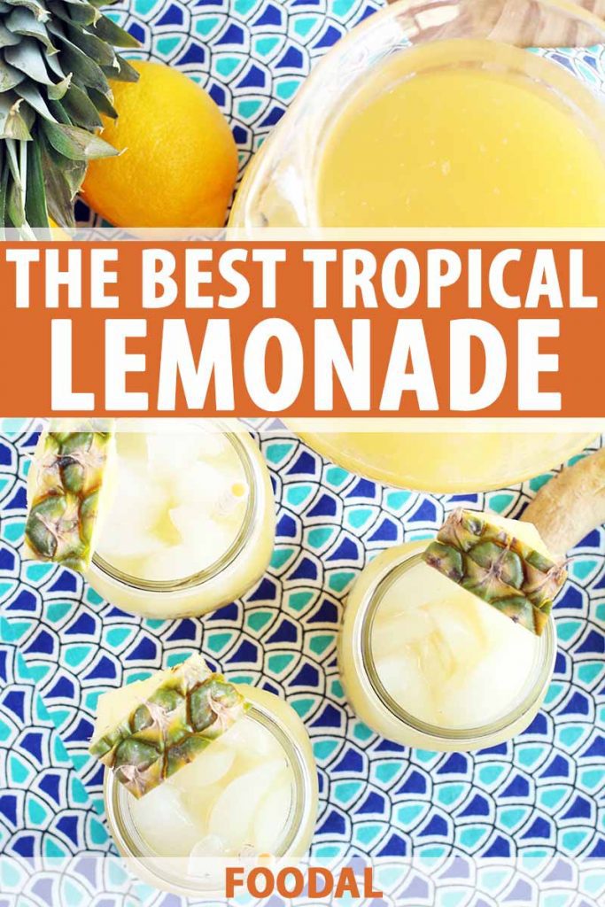 Top-down image of three mason jars of a pale yellow liquid and ice, with chunks of pineapple for garnish, the top of the fruit, a whole lemon, and a pitcher of tropical lemonage, on a dark and light blue patterned cloth surface, with orange and white text.