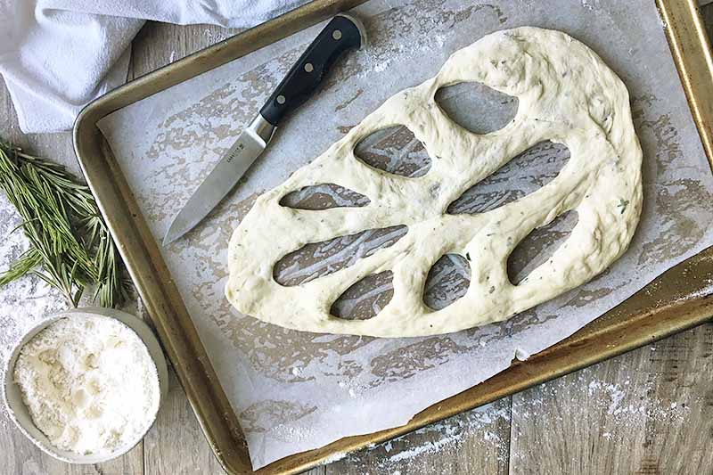 Horizontal image of dough shaped and cut like a large leaf next to a knife, herbs, and a bowl of flour.