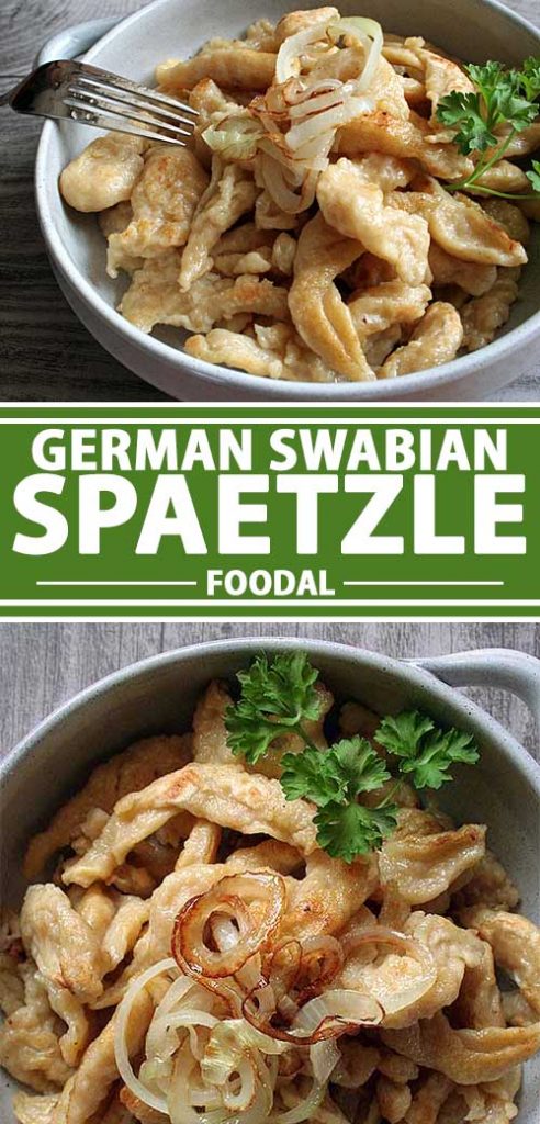 A collage of different photos showing various views of German Swabian spaetzle recipe.