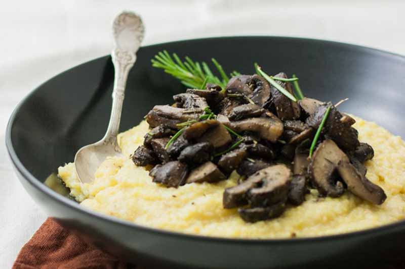 Horizontal image of a pile of sauteed baby bellas on creamy polenta in a black bowl.