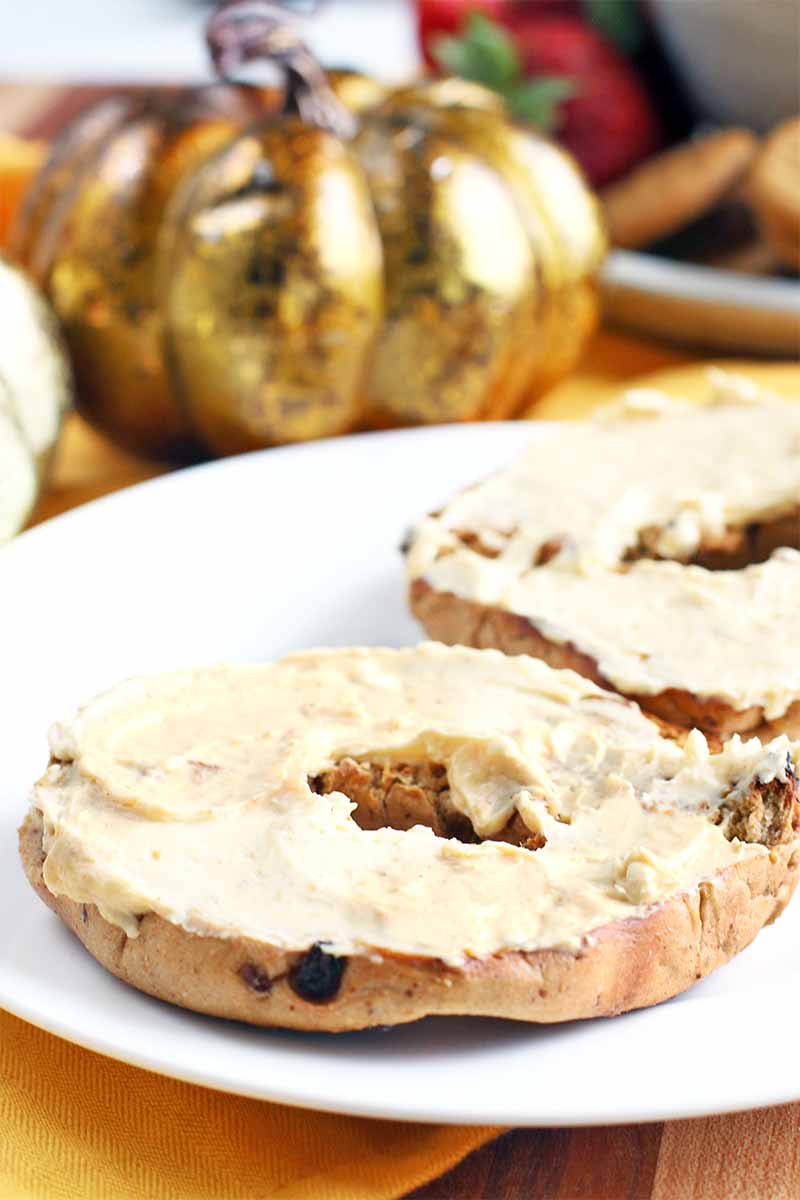 A toasted cinnamon raisin bagel spread with pumpkin cream cheese, on a white plate, with a gold decorative pumpkin in the background.