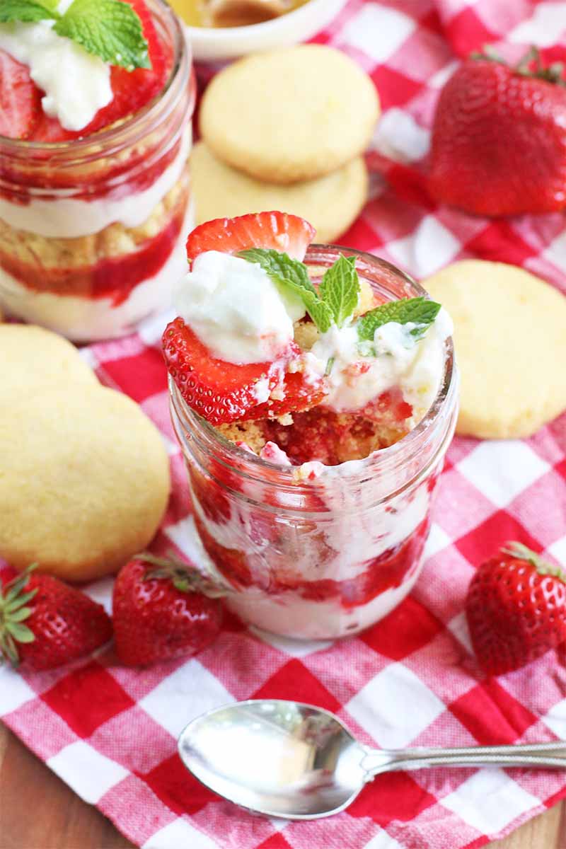 Oblique shot of two glass jars of strawberry yogurt parfait, garnished with mint, with lemon cookies, a spoon, and whole berries, on a red and white checkered tablecloth.