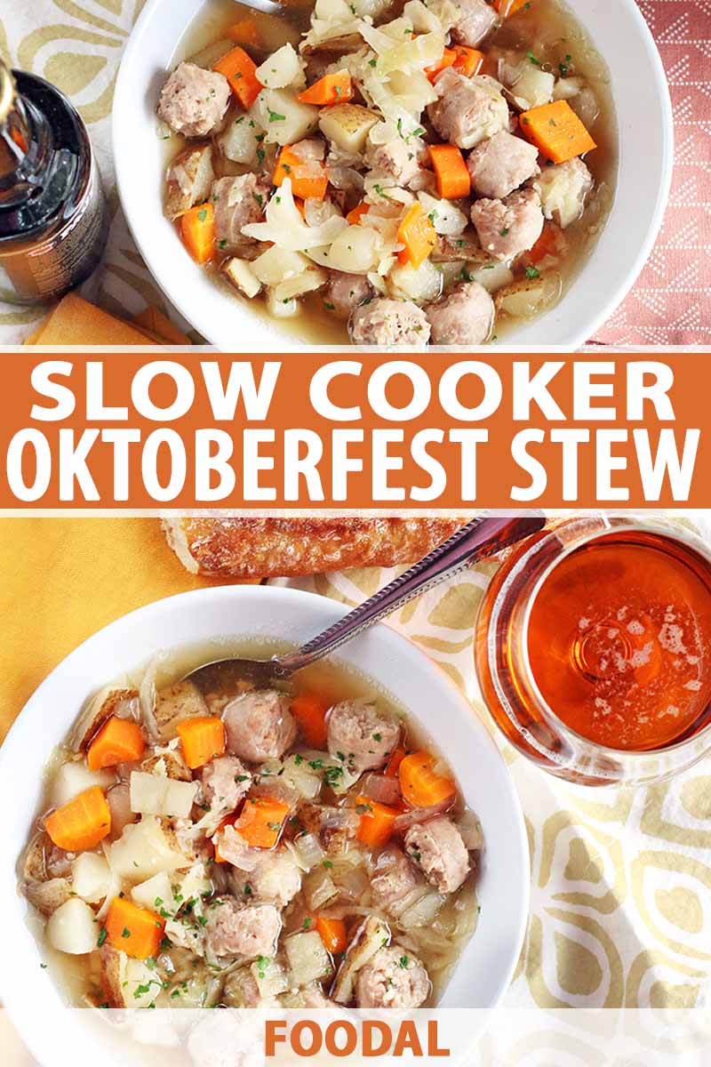 Top-down shot of two white ceramic bowls of Oktober fest stew made with German bratwurst, carrots, cabbage, and potatoes, with a glass of dark amber-colored beer and a glass bottle, printed with orange and white text.
