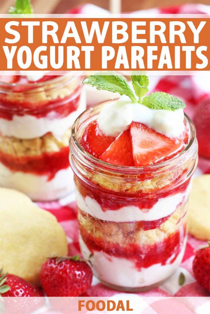 Closeup of a strawberry parfait in a glass jar, with layers of yogurt, cookies, and fresh fruit, with orange and white text.
