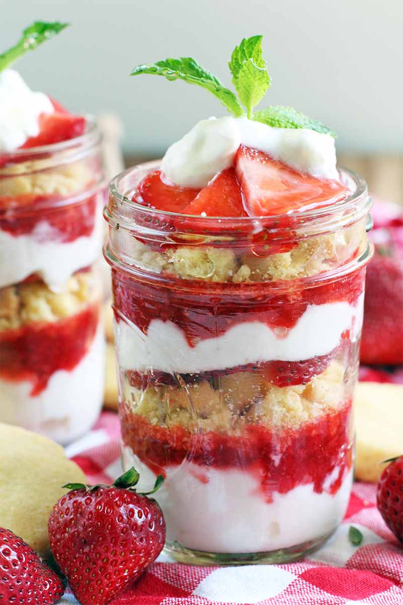 A strawberry yogurt parfait garnished with a sprig of mint fills a glass jar, with another in the background to the left, on a red and white checkered tablecloth with whole berries and lemon cookies, on a gray background.