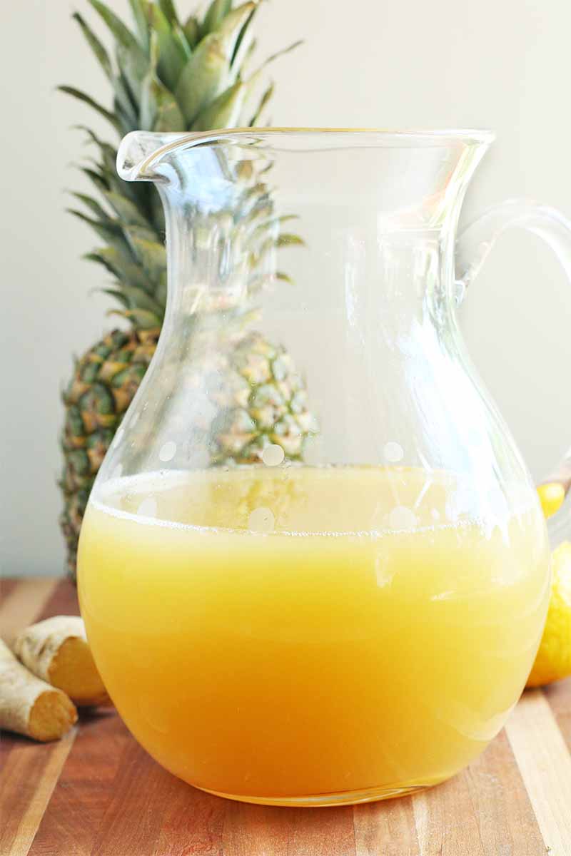 A glass pitcher filled halfway with a tropical juice and lemonade mixture, on a brown wood surface, with a lemon, two pieces of ginger root, and a whole pineapple in the background, against a gray wall.