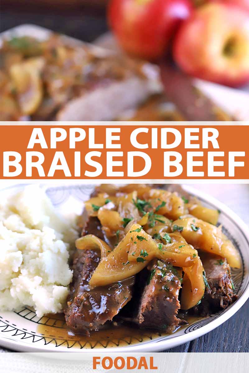 Vertical image of a plate of mashed potatoes and brisket with apples, with more on a serving platter in the background beside whole fruit in shallow focus, on a dark brown table, printed with orange and white text.