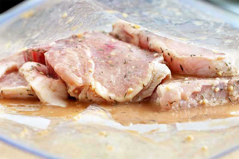 Bone-in pork chops in a garlic and herb cider marinade mixture, in a large, open zip-top plastic bag on a beige surface.