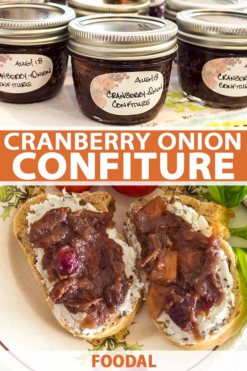 Vertical diptych with an image of jars of cranberry onion confiture at the top, and a plate at the bottom with two pieces of toast topped with soft cheese and the spread, printed with orange and white text.