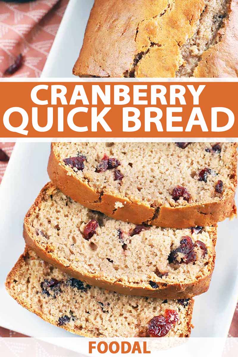 Vertical image of a loaf of cranberry quick bread cut into slices arranged on a white rectangular ceramic serving platter, printed with orange and white text.