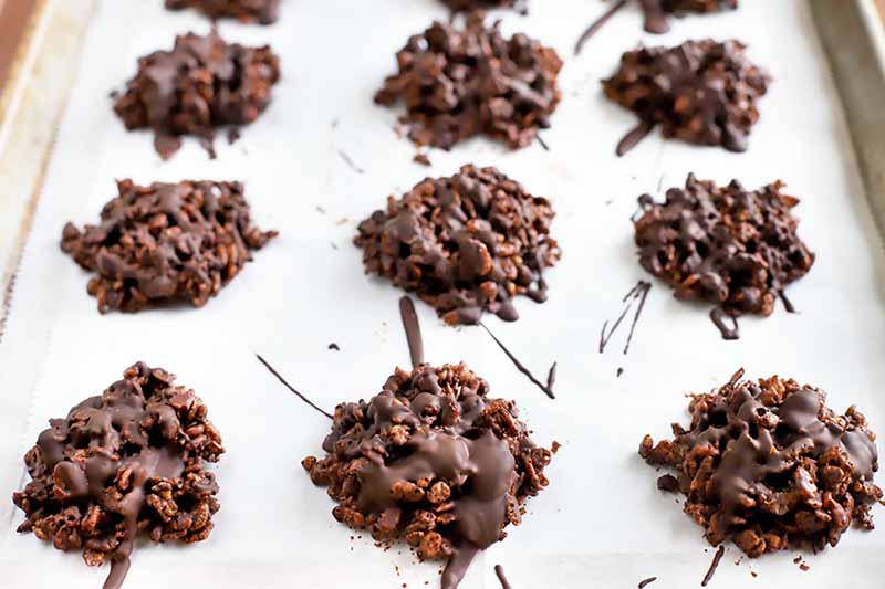 Crisp rice cereal and sunflower seed clustered drizzled with melted dark chocolate, arranged in three rows on a parchment paper lined baking sheet.