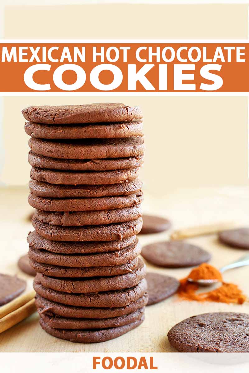 Vertical image of a stack of chocolate cookies with more scattered on a beige countertop with cinnamon sticks an a slightly spilled spoonful of cayenne pepper, on a light beige background, printed with orange and white text.