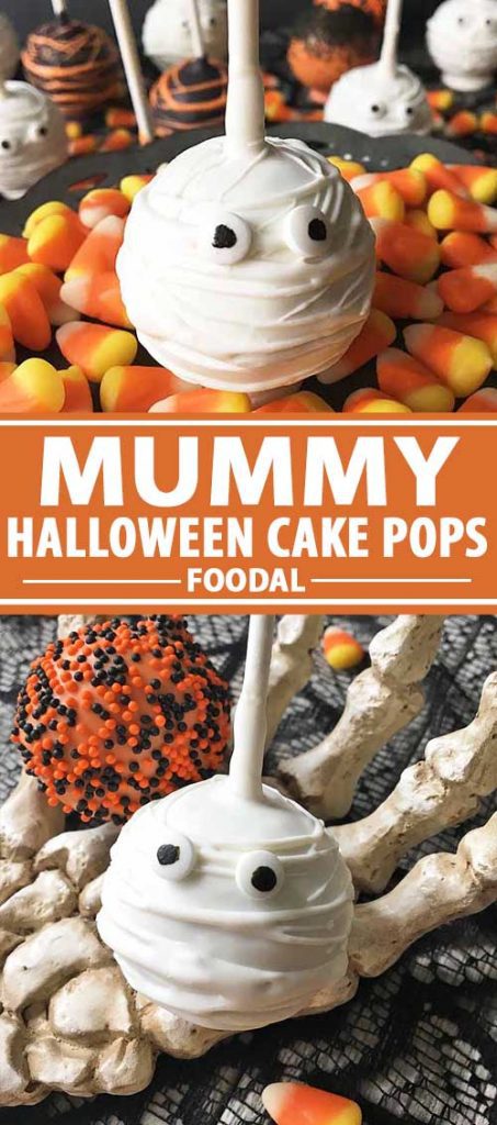 A collage of photos showing different views of Halloween mummy decorated cake pops.