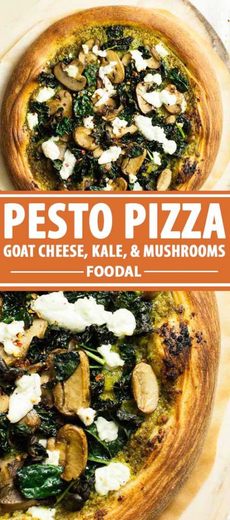 A collage of photos showing different views of Pesto Pizza with Goat Cheese, Kale, and Mushrooms.