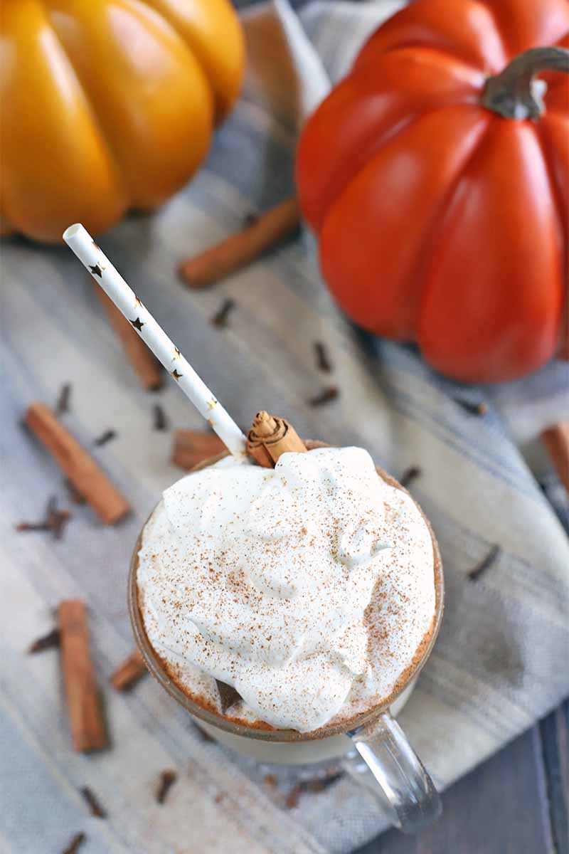 Top-down shot of a pumpkin spice coffee cocktail topped with whipped cream, in a glass mug with a handle, with a white straw printed with gold stars, on a gray cloth background with two plastic pumpkins, cinnamon sticks, and whole cloves.