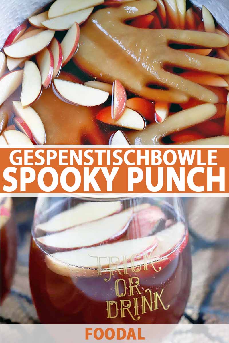 Vertical photo collage of two images, one of a Halloween-themed punch with floating slices of fruit and hand-shaped ice, the other with a glass of the same, printed with orange and white text.