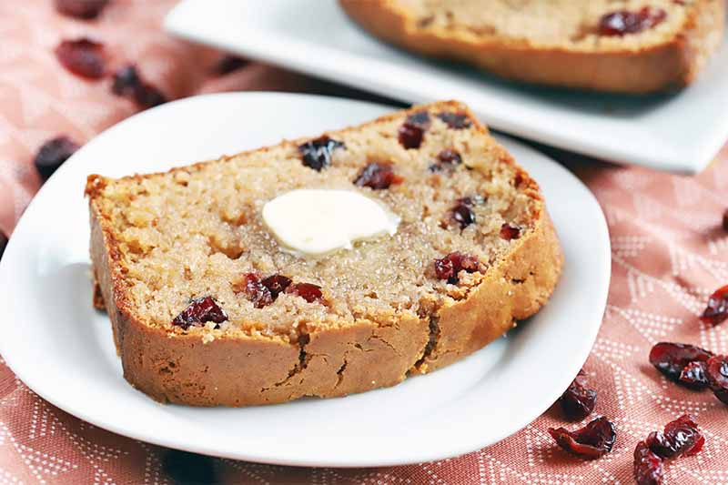 A slice of homemade cranberry quick bread with a pat of melting butter on top is on a white plate, with a large white rectangular ceramic serving platter of more of the baked good in the background, on a surface topped with a pink tablecloth, with scattered pieces of dried fruit.