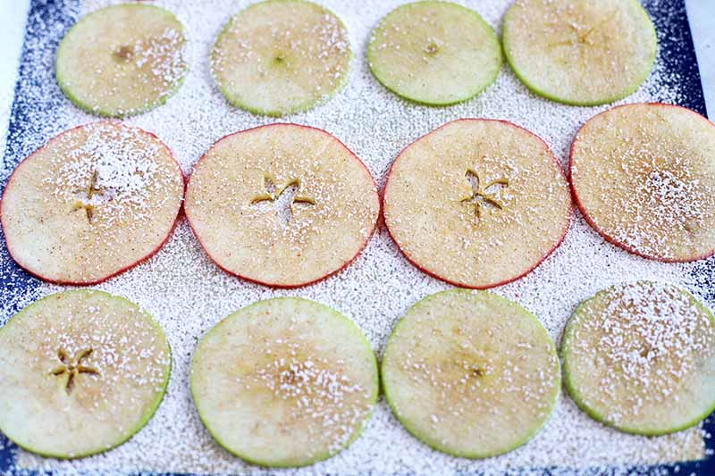 Thinly sliced red and green apples arranged in three rows on a blue and white nonstick silicone pan liner, sprinkled with pumpkin pie spice.