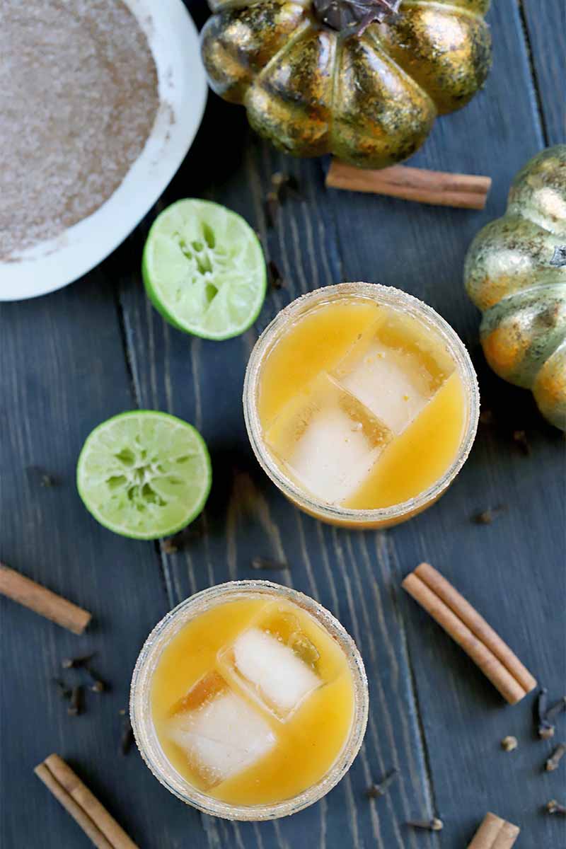 Overhead shot of two glasses of pumpkin margaritas with ice, with a halved and juiced lime, cinnamon sticks, a shallow white ceramic dish of spiced sugar, and two gold-colored decorative pumpkins.