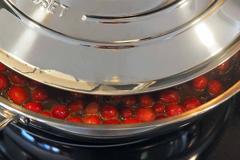 Closely cropped image of a stainless steel Le Creuset pot with the lid partially on the pot, with whole cranberries and liquid inside.