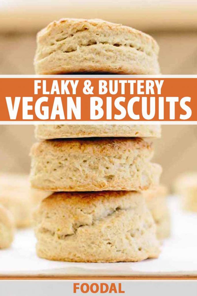 A stack of four homemade vegan biscuits on a piece of white parchment, with more in shallow focus against a beige tile backdrop, printed with orange and white text.