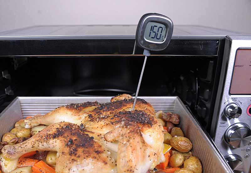 A close up of a roasted chicken and veggies in a small rimmed pan being removed from a convection toaster oven.