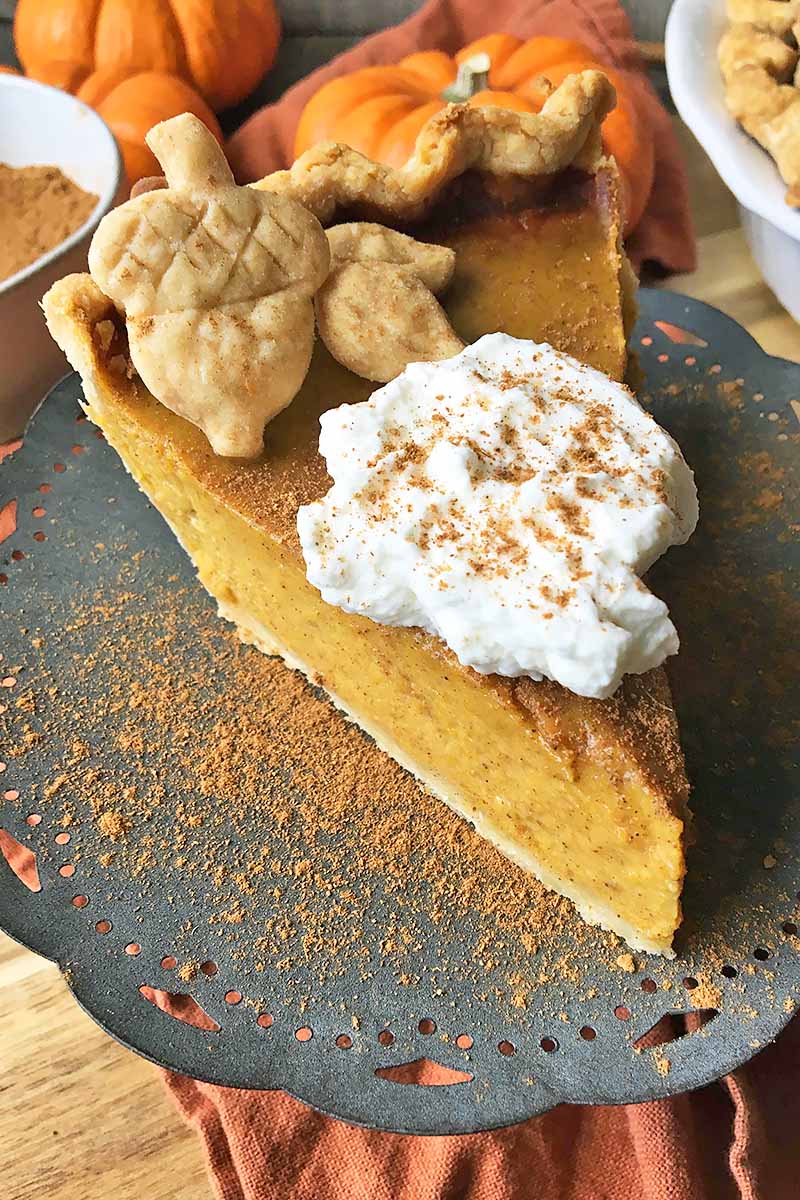 Vertical image of a slice of pumpkin pie with acorn and leaf decorations and a dollop of whipped cream.