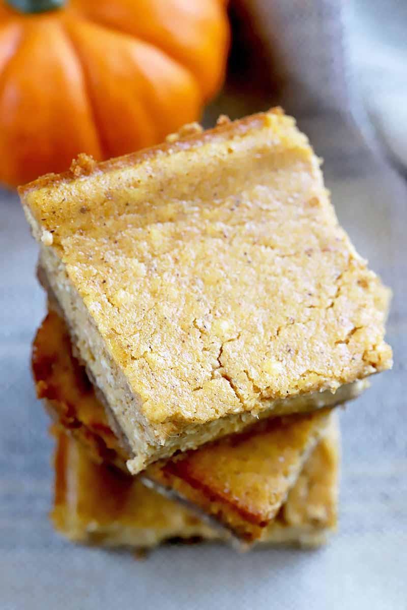 Vertical close-up image of a stack of cheesecake bars with a pumpkin.