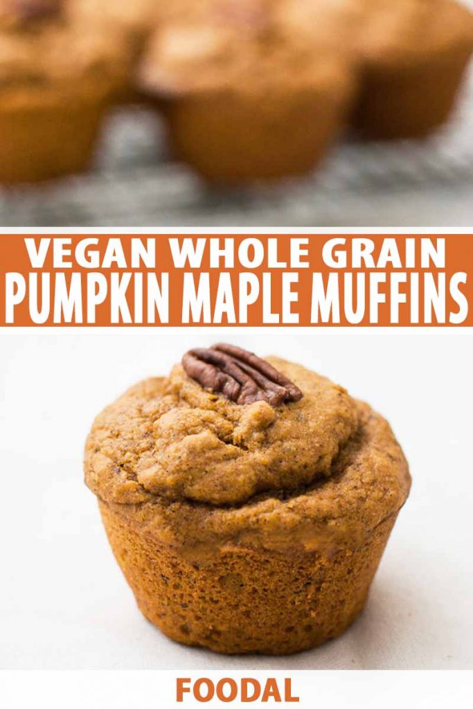 Vertical image of one muffin with more muffins on a cooling rack in the background with white text on an orange background.