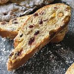 Horizontal image of two slices of stollen.