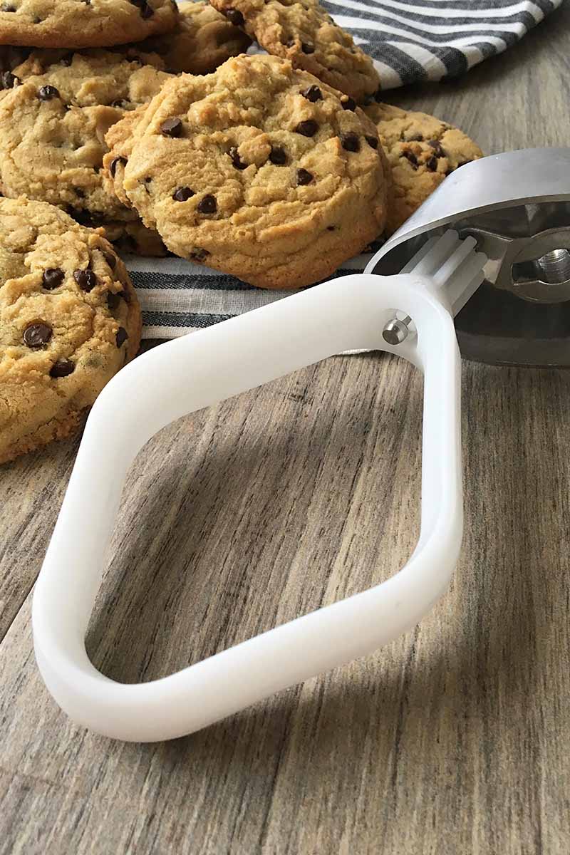 Vertical image of one cookie paddle in front of chocolate chip cookies.