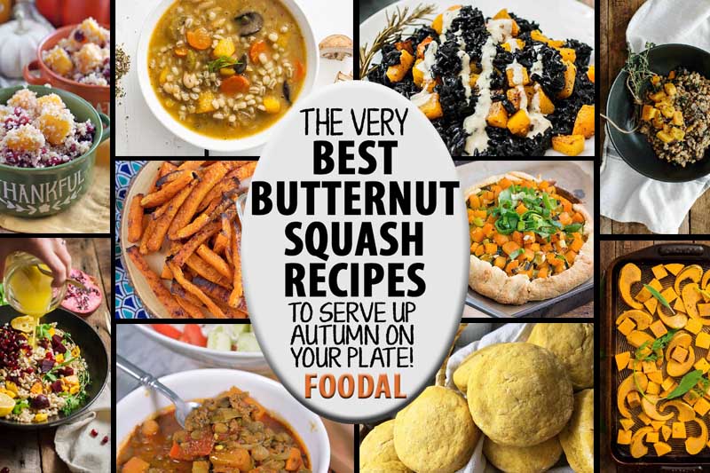 A collage of photos showing different butternut squash recipes.