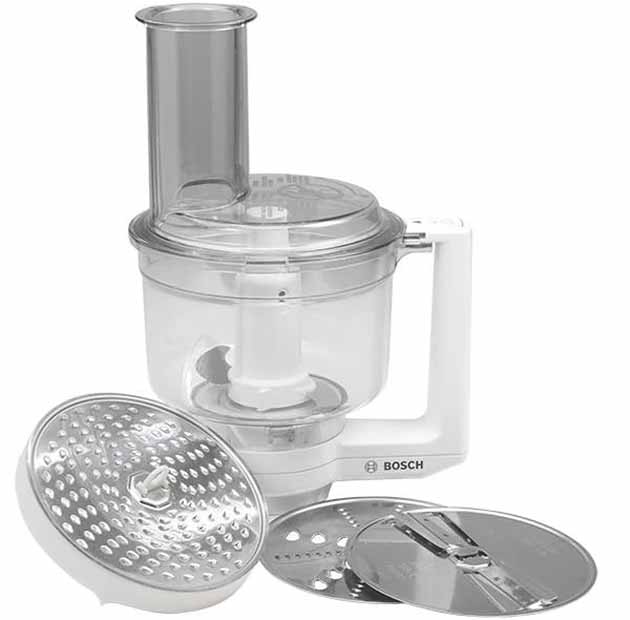 Image of a food processor with a white handle base next to three separate metal disks.