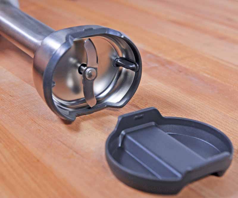 A close up of the no scratch bell end housing and blade assembly of the Breville BSB510XL Control Grip Immersion Blender.
