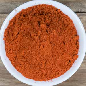 Top down view of a white porcelain bowl of chili powder spice blend.