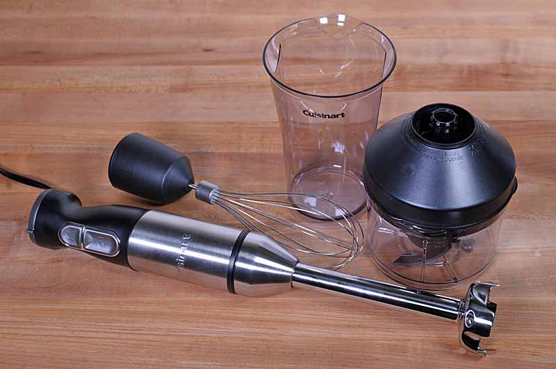 The entire kit included with the Cuisinart CSB-179 Smart Stick Hand Blender included the motor base, blender bell and shaft, wire whisk attachment, and food processor attachment.