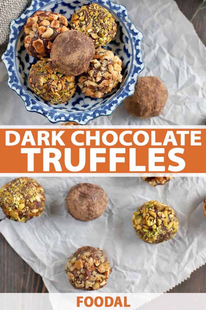 Vertical image of chocolate truffles coated in nuts and cocoa powder in a blue and white candy dish and scattered on a crinkled piece of white parchment paper, on a dark brown wood background, printed with orange and white text.