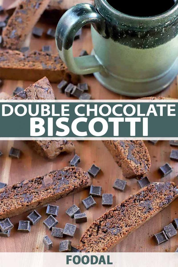 Biscotti and chocolate chunks with a glazed hunter green and jade ceramic mug of coffee in the background, printed with green and white text.