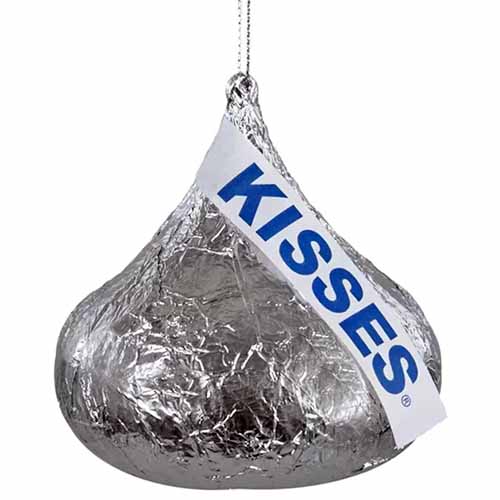 A silver Hershey Kiss tree ornament, isolated on a white background.