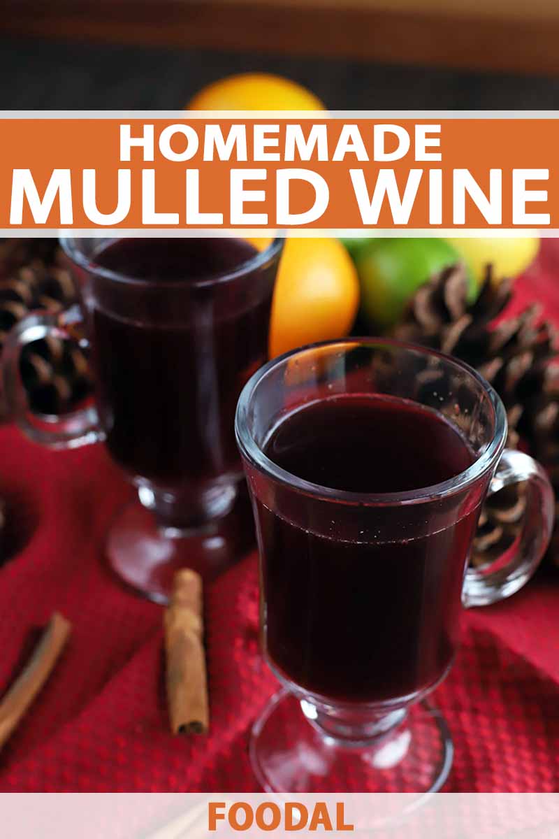 Vertical image of two glass mugs of mulled wine with cinnamon sticks, pine cones, oranges, lemons, and limes on a gathered red cloth on top of a brown wood table, printed with orange and white text.