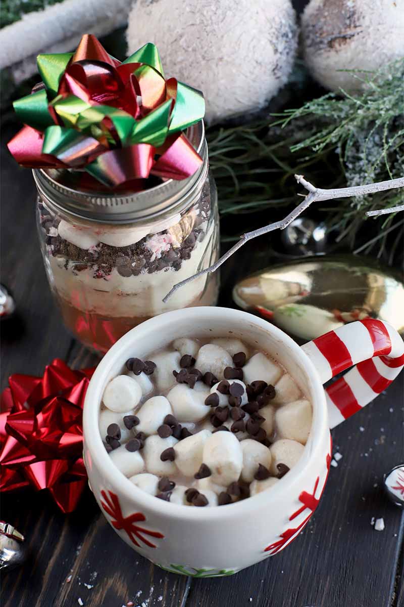 A glass jar of layered homemade hot chocolate mix topped with a bow beside a red and green holiday mug of hot cocoa topped with chocolate chips and marshmallows, with bows and decorative Christmas baubles on a dark brown wood table.