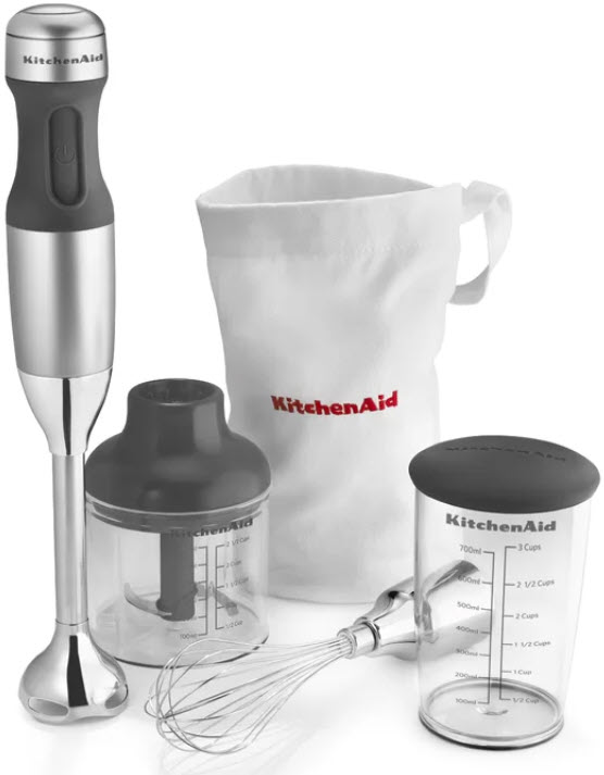 KitchenAid KHB2351CU 3-Speed Hand Blender Set in Contour Silver with all accessories on a white, isolated background.