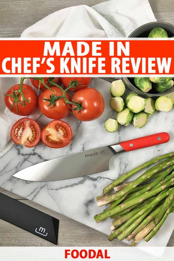 Vertical image of a marble cutting board with cut vegetables and a knife with a red handle, with white text on a red background.